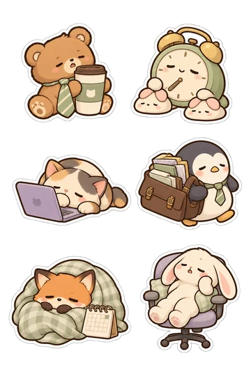 Six kawaii workstudy stickers: sleepy bear in a loose tie hugging a coffee mug, droopy smiling alarm clock with floppy slippers attached, cat slumped gently over a small laptop, penguin carrying an overstuffed briefcase, round fox peeking from a blanket with a tiny desk calendar, tired bunny sitting in an office chair with a cushion.