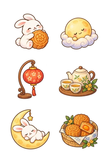 Six autocollants saisonniers kawaii : lapin blanc étreignant un gâteau de lune rond, pleine lune dorée au visage endormi niché dans un nuage connecté, lanterne en papier rouge suspendue à son propre support incurvé, théière avec deux tasses regroupées sur un plateau rond, lapin assis dans un berceau de lune en croissant, panier de gâteaux de lune avec un gâteau ouvert en coupe montrant le remplissage.