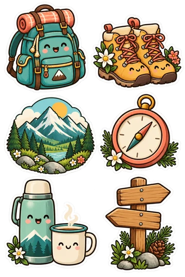 Six kawaii mountain weekend stickers: hiking backpack, hiking boots with alpine flowers, mountain valley, coral compass, thermos and enamel cup, wooden trail sign.
