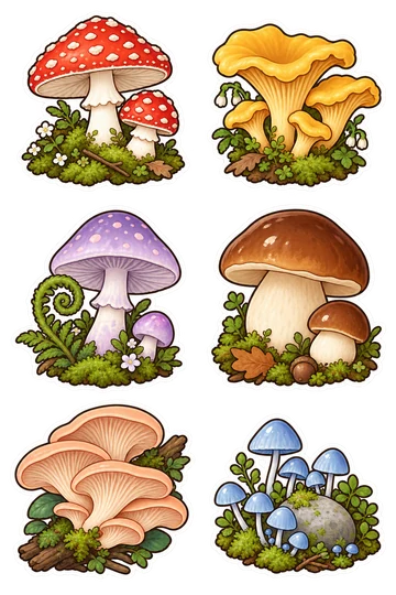 Sechs illustrierte Natur-Sticker: zwei pralle rot gepunktete Fliegenpilze auf einem kleinen Mooskissen, goldene Pfifferlinge in einer Gruppe, ein fliederfarbener Pilz mit eingerolltem Farn am Fuß, ein brauner Steinpilz mit rundem cremefarbenem Stiel und kleinem Nebenpilz, ein Fächer zart pfirsichfarbener Austernpilze an einem Zweig und winzige blaue Pilze um einen glatten Kieselstein.