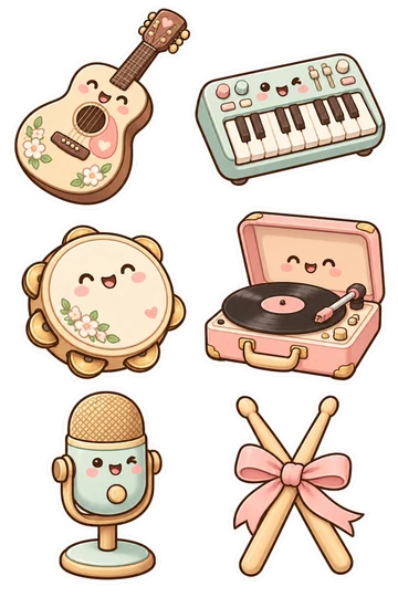 「音楽づくり」のオリジナルシール6点。無地の操作部を持つ、小さなキーボードシンセサイザーなど。