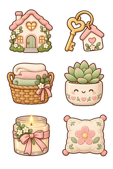 Six kawaii friendship and gift stickers: tiny pastel house with heart-shaped window, key attached to a house-shaped keyring, woven basket holding folded towels, potted succulent in a smiling ceramic planter, scented candle in jar with ribbon tied around it, plump cushion with stitched flower motif.