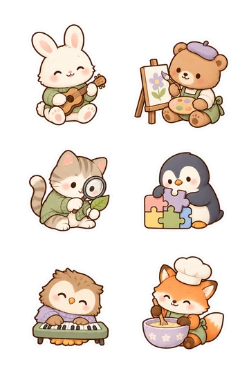 Six autocollants d'étude kawaii : lapin jouant un petit ukulélé, ours peignant avec un pinceau sur un petit chevalet, chat regardant attentivement à travers une loupe à une feuille, pingouin assemblant de grandes pièces de puzzle colorées, hibou pratiquant sur un petit piano à clavier, renard portant un chapeau de chef remuant un bol de mélange.