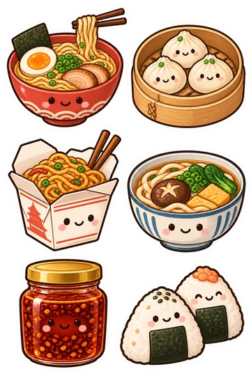Six kawaii food stickers: ramen bowl with egg and chopsticks, bamboo steamer holding three dumplings, takeout noodle carton with noodles, udon bowl with mushroom, red chili oil jar without label, pair of onigiri rice triangles.