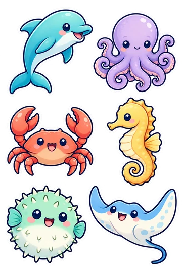 Six kawaii ocean stickers: leaping turquoise dolphin, lavender octopus with curled arms, coral-red crab with raised claws, golden seahorse with curled tail, round mint pufferfish, sky-blue manta ray.