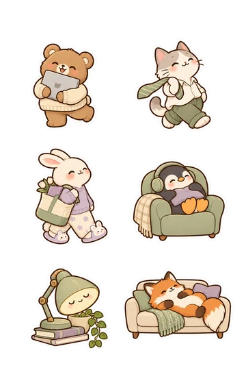 Six kawaii workstudy stickers: joyful bear hugging a closed laptop, cat tossing a necktie over its own shoulder, bunny wearing slippers carrying a tote bag, penguin curled in an armchair with headphones, smiling desk lamp sleeping with its shade tilted down, round fox stretched comfortably on a sofa.