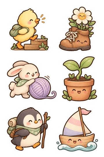 Six kawaii encouragement stickers: determined duckling climbing one tiny wooden step, cheerful boot with a growing flower inside, small rabbit gently pushing a rolling yarn ball, smiling sprout growing from a terracotta pot, little penguin holding a walking stick, tiny smiling sailboat with one full pastel sail.