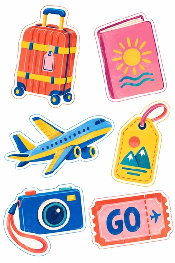 機内持ち込みスーツケース、旅のしおり、旅客機、ラゲッジタグ、コンパクトカメラ、旅行チケットを描いた Paper Pop ステッカー6種類