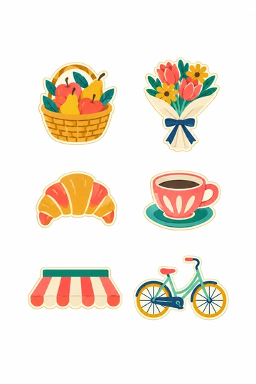 フルーツバスケット、花束、クロワッサン、コーヒーカップ、市場のストライプ柄のひさし、自転車を描いた Paper Pop ステッカー6種類