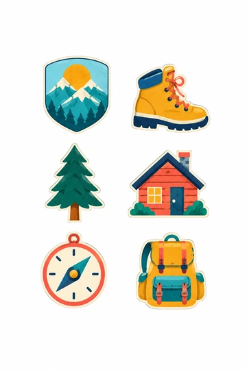 山のバッジ、登山靴、松の木、山小屋、コンパス、バックパックを描いた Paper Pop ステッカー6種類