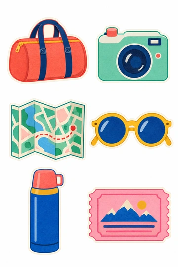 ダッフルバッグ、カメラ、地図、サングラス、保温ボトル、チケットを描いた Paper Pop ステッカー6種類