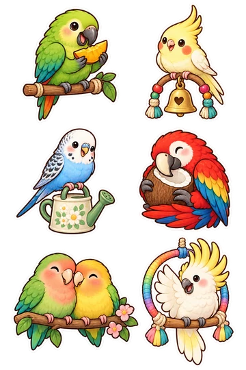 Six kawaii pets stickers: green parrot balancing on a connected perch while holding a mango wedge, yellow cockatiel with orange cheeks sitting on a bell-shaped toy, blue budgie perched on a small watering can, red macaw cuddling a coconut shell, pair of lovebirds snuggled on one branch, white cockatoo opening a crest while sitting on a rainbow hoop stand.