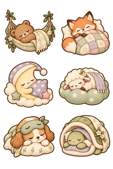 Six kawaii encouragement stickers: sleeping bear nestled in a hammock, round fox tucked under a patchwork quilt, sleepy moon hugging a pillow, fluffy sheep resting on a cloud cushion, little dog with a soothing sleep mask on its head, cozy turtle tucked inside a blanket-lined shell.