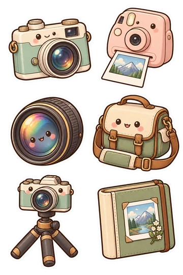 Six kawaii identity stickers: pastel vintage camera with lens, small instant camera producing one blank-bordered mountain photo, camera lens with simple rainbow reflection, camera bag with attached shoulder strap, mini tripod with compact camera mounted, closed album with a tiny landscape illustration on its cover.