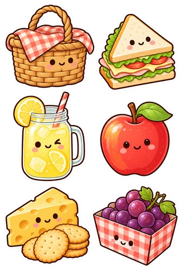Seis pegatinas de comida kawaii: cesta de picnic tejida con tela de algodón, sándwich de club triangular, tarro de albañil de limonada con rodaja de limón, manzana roja con hoja, cuña de queso con galletas, caja de comida a cuadros que contiene uvas.