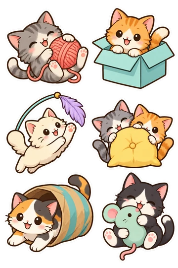 Six original playful kittens stickers with rounded dark outlines and white cut borders: kitten wrestling yarn ball, kitten inside cardboard box, kitten chasing feather toy, two kittens playing peekaboo, kitten in paper tunnel, kitten hugging toy mouse.
