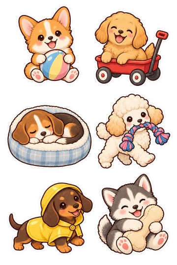 Six kawaii pets stickers: corgi puppy holding a striped ball against its tummy, golden retriever puppy sitting in a small toy wagon, floppy-eared beagle curled asleep in a soft oval bed, poodle puppy proudly carrying a rope toy in its mouth, dachshund wearing a cheerful yellow raincoat, husky puppy hugging a plush bone.