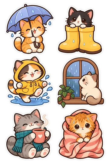 Six original rainy day cats stickers with rounded dark outlines and white cut borders: cat beneath umbrella, kitten in rain boots, cat splashing in puddle, cat at rainy window, cat holding warm mug, cat drying with towel.