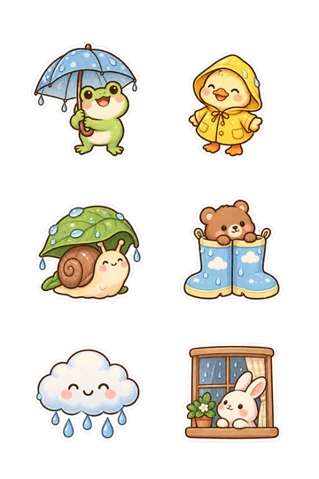 Six kawaii seasonal stickers: frog holding an umbrella overhead, duckling wearing a yellow raincoat, snail sheltering beneath a broad leaf, bear peeking from a pair of linked rain boots, smiling rain cloud with raindrops attached by continuous white border, rabbit watching rain from a tiny framed window.