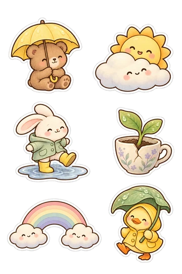 Six kawaii encouragement stickers: small bear sheltering under a yellow umbrella, smiling sun peeking directly behind a soft cloud, bunny wearing rain boots beside a connected puddle, little sprout emerging from a cracked teacup, rainbow arch hugging a small cloud at each end, duckling in a yellow raincoat holding a connected leaf umbrella.
