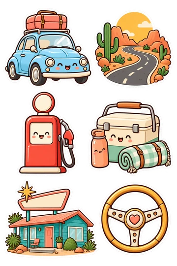 Sechs niedliche Sticker für eine Fahrt über Land: Kleinwagen mit Dachgepäck, Wüstenstraße, nostalgische Zapfsäule, Picknick-Kühlbox-Set, Hütte am Straßenrand und herzförmiges Lenkrad.