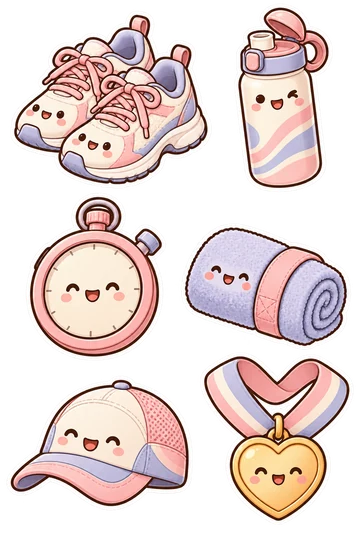 Six kawaii identity stickers: pair of joined pastel running shoes, sports bottle with flip lid, round stopwatch with blank face and attached button, rolled athletic towel held by a band, running cap with curved brim, heart-shaped medal suspended from a connected looped ribbon.