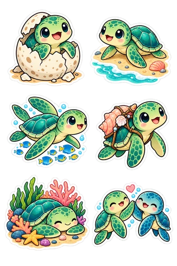 Six sea turtle journey stickers: Baby sea turtle hatching from a speckled egg; Young sea turtle crawling across a small sandy beach patch; Sea turtle swimming beside a small school of fish within one shared white cut boundary; Sea turtle wearing a little seashell backpack; Sea turtle resting among coral and seagrass on a little reef patch; Two small sea turtles touching flippers, with one shared white cut boundary.