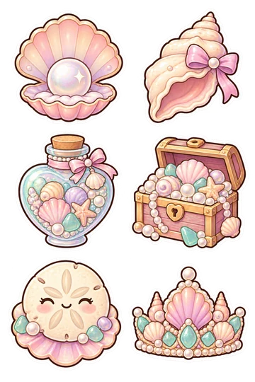 Six seashell treasures stickers: Open scallop shell with one big pearl; Spiral conch shell with a small bow; Heart-shaped bottle filled with tiny seashells; Little treasure chest overflowing with pearls and shells; Smiling sand dollar resting on a scallop shell; Small shell crown decorated with pearls and sea glass.