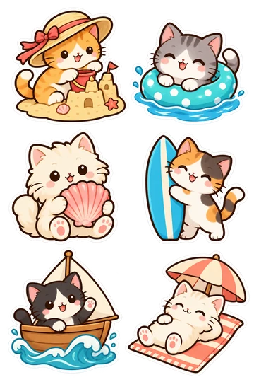 「海辺のねこたち」のオリジナルシール6点。ねこ、浜辺、サーフィン、貝がらをモチーフにしたシート。