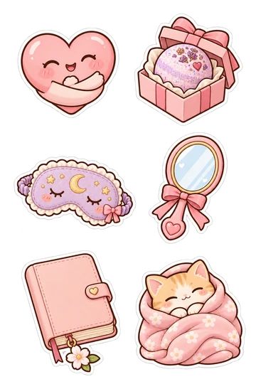 Six kawaii friendship and gift stickers: smiling heart hugging itself with little arms, round bath bomb in an open gift box, sleep mask with embroidered moon motif, small mirror with a heart-shaped handle, journal with blank cover and flower bookmark attached, cute cat wrapped snugly in one blanket.