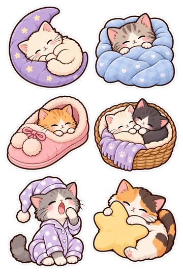 Six original sleepy cats stickers with rounded dark outlines and white cut borders: cat in moon-shaped cushion, kitten tucked in blanket, cat sleeping in slipper, two kittens in basket, yawning cat in pajamas, cat cuddling star pillow.