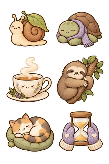 Six kawaii encouragement stickers: relaxed snail with a leaf attached to its shell, sleepy scarf-wearing tortoise, calm teacup with connected steam, sloth hugging a branch, cat curled on a cushion, hourglass held in mitten hands.