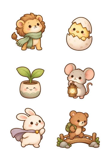 Six kawaii encouragement stickers: tiny lion cub with an oversized scarf standing proudly, shy chick peeking from a cracked eggshell, smiling green sprout with two leaves inside a tiny round pot, small mouse holding a glowing lantern, round bunny wearing a miniature hero cape, small bear taking one step onto a short wooden bridge.