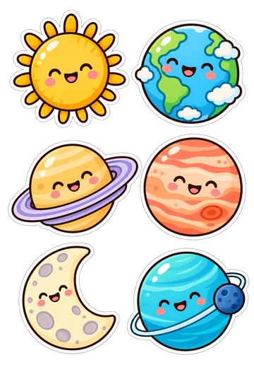 Six autocollants du système solaire : Soleil orange souriant avec de courts rayons arrondis ; Terre bleue et verte souriante avec de douces taches nuageuses ; Saturne dorée avec des anneaux de lavande épais ; Jupiter corail avec des bandes courbes et un petit point d’orage ; Lune croissant pâle amicale avec des cratères ronds ; Neptune turquoise glacial avec une lune orbitant bleu foncé.
