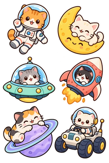 Sechs originale Weltraumkatzen-Sticker mit abgerundeten dunklen Konturen und weißen Schnitträndern: eine winkende Astronautenkatze, eine Katze auf einer Mondsichel, ein Kätzchen in einer fliegenden Untertasse, eine Katze steuert eine Rakete, eine Katze umarmt einen Ringplaneten und eine Katze auf einem Mondfahrzeug.