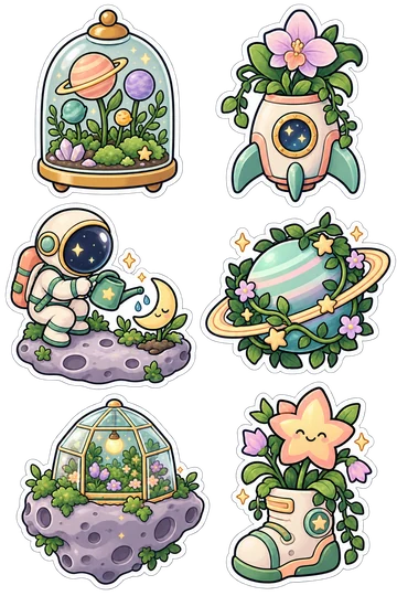 「宇宙の庭」のオリジナルシール6点。植物、花、園芸をモチーフにしたシート。