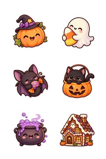Six kawaii seasonal stickers: smiling pumpkin lantern wearing a tiny witch hat, round friendly ghost hugging a candy corn, little bat curled around a wrapped sweet, black kitten peeking from a pumpkin bucket, bubbling purple cauldron with a smiling face, gingerbread-style haunted cottage.