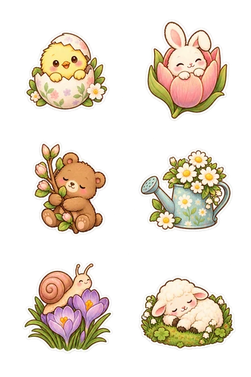 Six autocollants saisonniers kawaii: poussin jaune jetant un coup d'œil à partir d'une coquille d'œuf pastel fissuré, lapin assis à l'intérieur d'une fleur de tulipe, ours endormi étreignant une branche en herbe, arrosage peut déborder de marguerites, escargot escalade sur un crocus en fleurs touffe, agneau enroulé sur un petit monticule d'herbe.