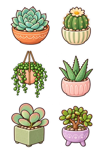 Six illustrated Nature stickers: Blue-green echeveria rosette in terracotta bowl, Round barrel cactus in striped cream pot, Trailing string-of-pearls in hanging peach pot, Upright aloe in blush ceramic planter, Paddle succulent in sage square pot, Tiny jade tree in lilac footed planter.