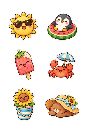 Sechs Sticker zum Thema „Sommersonne“: Sonnencharakter mit Sonnenbrille, Pinguin im Wassermelone-Schwimmring sitzend, lächelndes Erdbeer-Popsikel auf einem Stock, Krabbe mit einem winzigen Sonnenschirm, Sonnenblumen in einem gestreiften Strandpeil, Bär gelockt unter einem breiten Stroh-Sonnenhut.