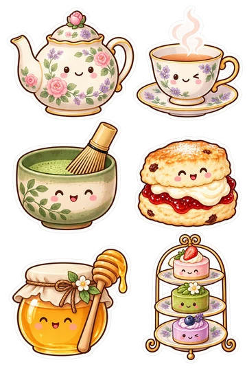 「ティータイム」のオリジナルシール6点。お茶、デザート、飲み物をモチーフにしたシート。