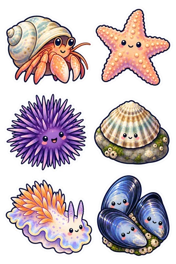 Six kawaii ocean stickers: hermit crab carrying a spiral shell, five-armed peach sea star, purple sea urchin, ridged limpet shell on a pebble, frilled sea slug with orange cerata, cluster of three blue mussel shells.