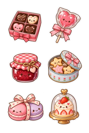 Six kawaii friendship and gift stickers: box of four heart-shaped chocolates, cellophane-wrapped lollipop with bow attached, small berry jam jar with gingham fabric lid, gift tin filled with star-shaped cookies, macaron pair tied together with ribbon, miniature cake dome holding one tiny strawberry cake.