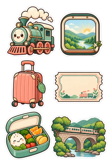 Six kawaii train journey stickers: vintage locomotive, scenic train window, rolling suitcase, blank rail ticket, bento lunch box, railway bridge.