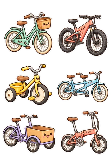 Six autocollants de transport kawaii: vélo de ville menthe avec un panier en osier attaché, vélo de montagne corail avec pneus épais, tricycle enfant jaune, vélo tandem bleu ciel avec deux sièges, vélo cargo lavande avec une boîte de fret avant attachée, vélo pliant pêche avec roues compactes.