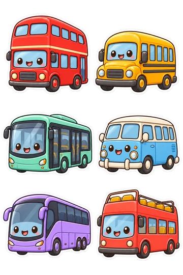 Six kawaii transport stickers: red double-decker bus, yellow school bus with no lettering, mint low-floor city bus, sky blue rounded vintage minibus, lavender long-distance coach, coral open-top sightseeing bus.