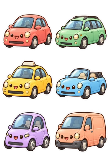 Six kawaii transport stickers: rounded coral compact hatchback, mint green family station wagon, butter yellow taxi with a plain blank roof light, sky blue convertible with folded roof, lavender tiny electric city car, peach delivery van.