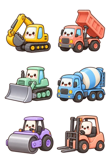 Six kawaii transport stickers: yellow excavator with attached bucket folded inward, coral dump truck with raised empty bed, mint bulldozer with front blade, sky blue cement mixer truck, lavender road roller, peach forklift with short lowered forks.