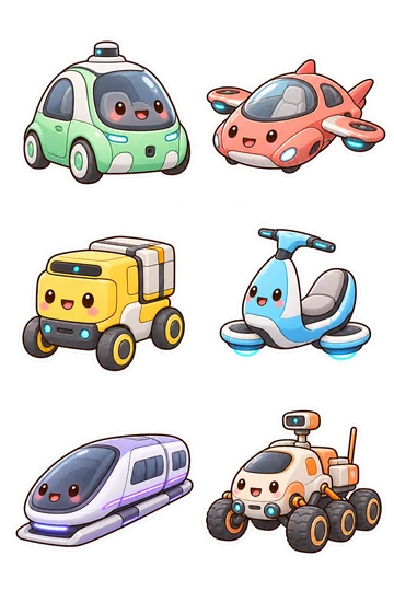 Six autocollants de transport kawaii: voiture de gousse auto-conduite arrondie à la menthe, voiture volante compacte de corail avec de courtes ailes attachées, robot de livraison jaune sur quatre roues, scooter hover monoplace bleu ciel, gousse de train de lévitation magnétique futuriste lavande, rover lunaire pêche avec six roues épais.