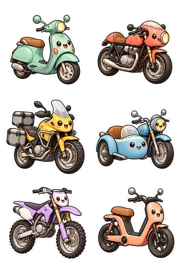 Six autocollants de transport kawaii: scooter classique à la menthe, moto de course de café corail arrondi, moto de tourisme jaune avec sacoches latérales, moto bleu ciel avec un side-car attaché, vélo de terre épais lavande, cyclomoteur électrique compact pêche.